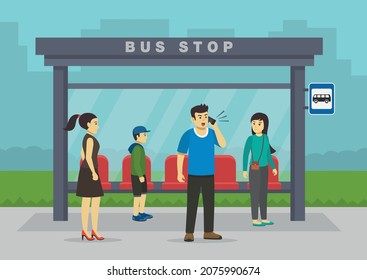 Speaking loudly in public places. Young male character holding mobile phone and talking loudly at the bus stop. Flat vector illustration template.