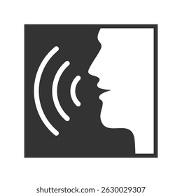 Speaking man graphic sign. Voice man with sound waves. Outline face isolated icon on white background. Vector illustration