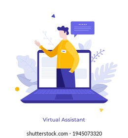 Speaking man on screen of laptop computer. Concept of virtual assistant, internet consultant, professional online consultation or advice, customer support. Modern flat colorful vector illustration.