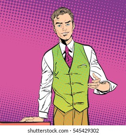 Speaking man. The man at the podium speaks. Handsome young businessman holding up his hand and giving advice. Attractive manager speaking. Concept idea of advertisement and promo. Halftone background.