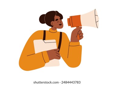 Speaking with megaphone. Happy female speaker holding loudspeaker, bullhorn, mega phone, announcing news. Marketing communication concept. Flat graphic vector illustration isolated on white background