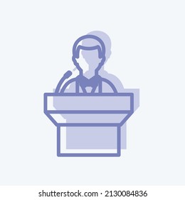 Speaking on podium Icon in trendy two tone style isolated on soft blue background