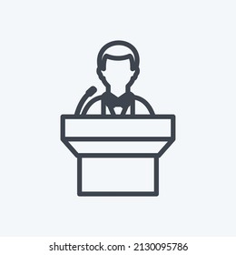 Speaking on podium Icon in trendy line style isolated on soft blue background