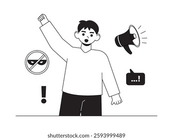 Speaking out by demonstrating to follow up on crime, black and white semi outline style, vector illustration.