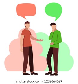 Speaking people in cartoon flat style. Two mans dialog wih bubbles. Abstract modern vectir illustration.