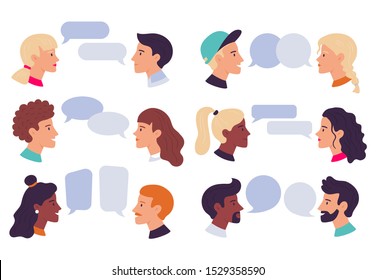 Speaking people. Couple conversation, dialogue bubbles and chat avatars profile portraits talk together. Social community, dictionary talking or speech chatting. Isolated vector illustration icons set