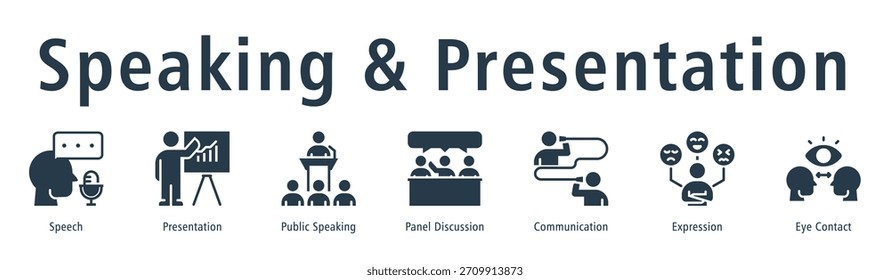Concepto de Ilustración vectorial de ícono de Anuncio de Web de discurso y presentación con ícono de discurso, presentación, habla pública, panel de discusión, comunicación, expresión y contacto visual.