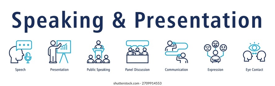Concepto de Ilustración vectorial de ícono de Anuncio de Web de discurso y presentación con ícono de discurso, presentación, habla pública, panel de discusión, comunicación, expresión y contacto visual.