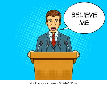 Speaking puppet tribune with microphones pop art style vector illustration. Conceptual political lie metaphor. Text bubble. Comic book style imitation. Vintage retro style.