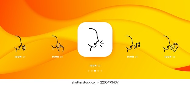 Icono de juego de palabras. Cabeza, habla, sé gesto silencioso, nota musical, canta una canción, escucha, escucha, escucha, escucha, comunicación. Concepto de sonido. Línea de tiempo de infografía con iconos y 5 pasos Icono de línea Vector.