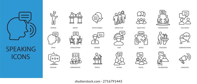Contorno de iconos de conjunto de habla y estilo plano, fondo transparente