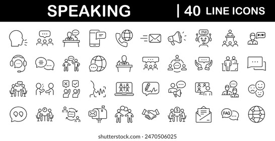 Speaking set of web icons in line style. Communication icons for web and mobile app. Containing people, communication, talking, discussion, speech bubble, team, support and more