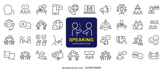 Speaking set of web icons in line style. Communication icons for web and mobile app. Containing people, communication, talking, discussion, speech bubble, team, support and more