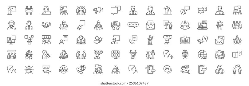 Speaking set of web icons in line style. Editable stroke. Collection outline icons related to public speacking. People, communication, talking, discussion, speech bubble, team, support. Vector