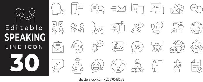 Speaking set of web icons in line style. Communication icons for web and mobile app. Containing people, communication, talking, discussion, speech bubble, team, support and more