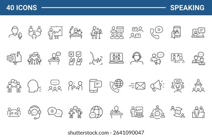 Speaking set of web icons in line style. Communication icons for web and mobile app. Containing people, communication, talking, discussion, speech bubble, team, support and more