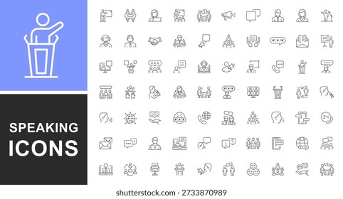 Hablando conjunto de iconos web en estilo de línea. Trazo editable. Iconos de esquema de colección relacionados con la oratoria pública. Personas, comunicación, hablar, discusión, burbuja de discurso, equipo, Asistencia. Vector