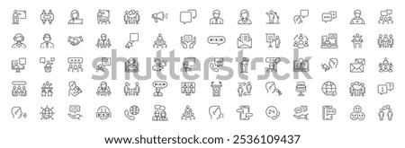 Speaking set of web icons in line style. Editable stroke. Collection outline icons related to public speacking. People, communication, talking, discussion, speech bubble, team, support. Vector