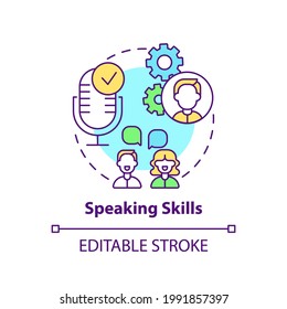 Speaking skills concept icon. Language learning competence idea thin line illustration. Effective communication. Conveying info verbally. Vector isolated outline RGB color drawing. Editable stroke