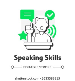Speaking skills flat outline concept icon. Language learning competence. Effective communication. Conveying info verbally. Modern line illustration with green glyphs. Conceptual visual. Easy to edit