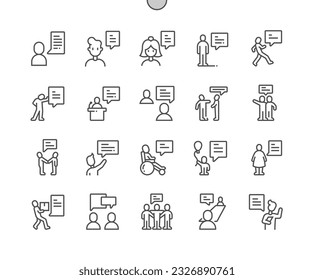 Speaking. Talk, speech, conversation, discussion. Human with speech bubble. Pixel Perfect Vector Thin Line Icons. Simple Minimal Pictogram