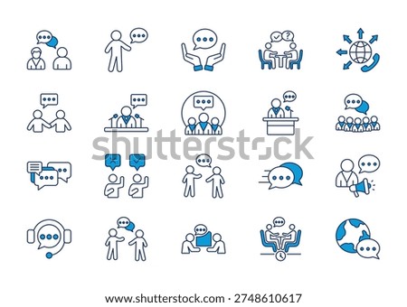 Speaking thin blue icon set. Containing speak, communication, remark, comment, consultation, communicate
