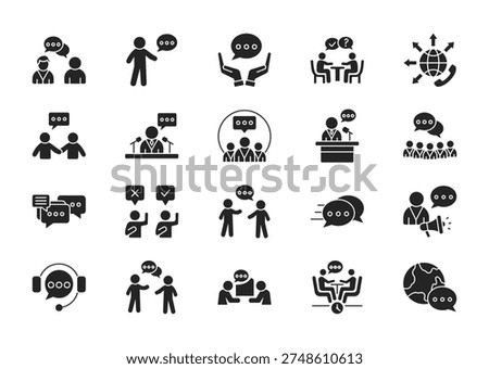 Speaking thin glyph icon set. Containing speak, communication, remark, comment, consultation, communicate
