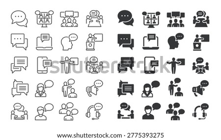 Speaking thin line and glyph solid icons collection. Containing chat, dialogue, communication, talking, information icons