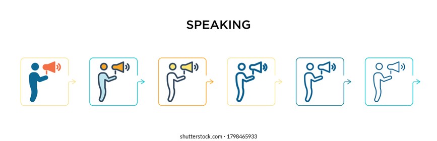 Speaking vector icon in 6 different modern styles. Black, two colored speaking icons designed in filled, outline, line and stroke style. Vector illustration can be used for web, mobile, ui