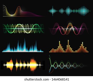 Speaking waves. Radio sound vector wave set, speak signal patterns, digital voice soundtrack illustrations, aloud vibrant audio symbols