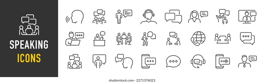 Speaking web icon in line style. Chat, speech bubble, talking, point, chat, support, message, phone, globe, call, info collection. Vector illustration.