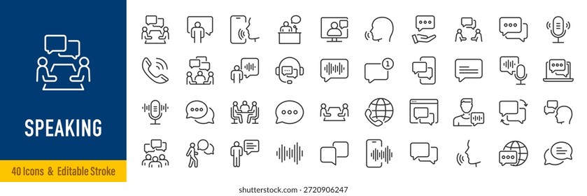 Icono de Web de voz en estilo de línea. Chat, burbuja de discurso, hablar, punto, chat, Asistencia, mensaje, teléfono, globo, llamada, colección de información. Trazo editable. Ilustración vectorial.	
