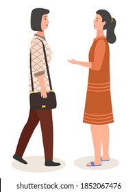 Speaking woman flat illustration. Two women met and stand talking. Girlfriends saw each other and discuss events, tell about what happened. Happy smiling female characters has a conversation