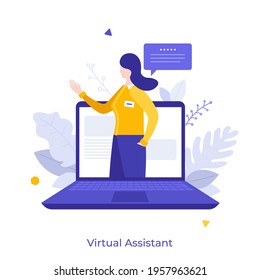 Speaking woman on screen of laptop computer. Concept of virtual assistant, internet consultant, professional online consultation or advice, customer support. Modern flat colorful vector illustration.