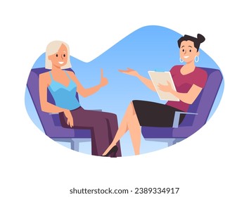 Speaking women in purple armchairs flat style, vector illustration isolated on white background. Decorative design element, guest and journalist, recording video