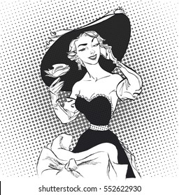 Speaking women. Women with roses. Pretty retro posing model with big hat. Concept idea of advertisement and promo. Pop art retro style illustration. People in retro style. Halftone background