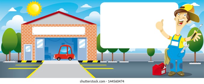 speaks in front of a mechanic in front of his workshop