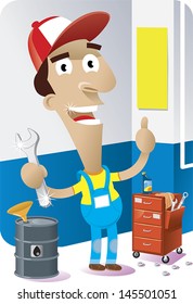 speaks in front of a mechanic in front of his workshop