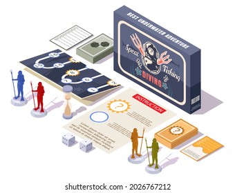 Spear Fishing board game, flat vector isometric illustration. Diving table game pieces or components. Miniature figures, map, rule manual, cards, dices.