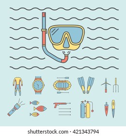 Spear Fishing Line Icon Set Isolated On Blue Background. Diving Icons. Vector Illustration.