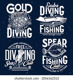 Spear fishing and ocean scuba diving club t-shirt print. Sea turtle, squid or cuttlefish and flounder or flatfish engraved vector. Snorkeling fishing, travel club apparel print with sea animals