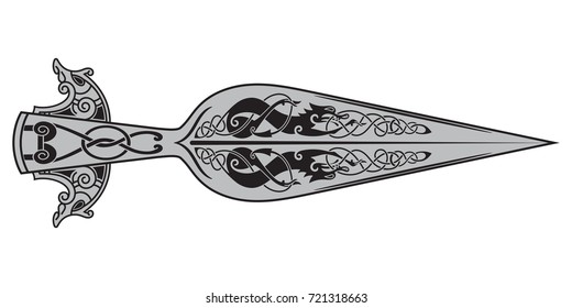 The Spear Of The God Odin - Gungnir, and Scandinavian pattern, isolated on white, vector illustration