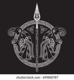 The Spear Of The God Odin - Gungnir. Two ravens and Scandinavian pattern, isolated on black, vector illustration