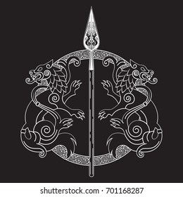 The Spear Of The God Odin - Gungnir. Two wolves and Scandinavian pattern, isolated on black, vector illustration