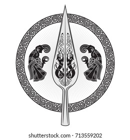 The Spear Of The God Odin - Gungnir. Two ravens and Scandinavian pattern, isolated on white, vector illustration