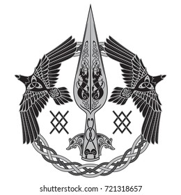 The Spear Of The God Odin - Gungnir. Two ravens and Scandinavian pattern, isolated on white, vector illustration