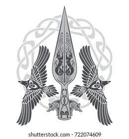 The Spear Of The God Odin - Gungnir. Two ravens and Scandinavian pattern, isolated on white, vector illustration