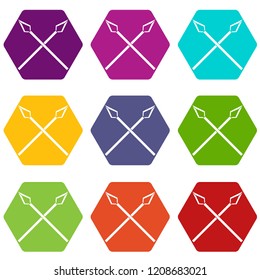 Spear icons 9 set coloful isolated on white for web