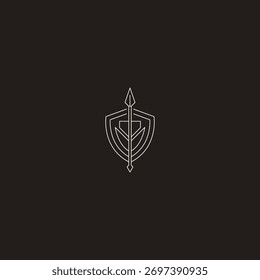 Lança e escudo linha arte antiga batalha defesa logotipo design.