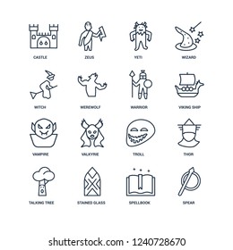 Spear, Spellbook, Stained glass, Talking tree, Thor, Castle, Witch, Vampire, Warrior outline vector icons from 16 set